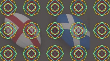 Animation of kaleidoscopic patterns over different country printed rugby balls in seamless pattern. Sports and technology concept