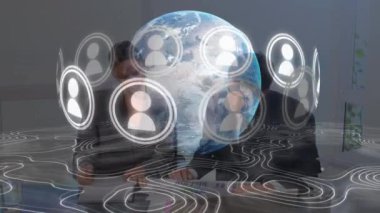 Animation of profile icons over globe, abstract pattern against diverse coworkers discussing reports. Digital composite, multiple exposure, globalization, communication, illuminated and technology.