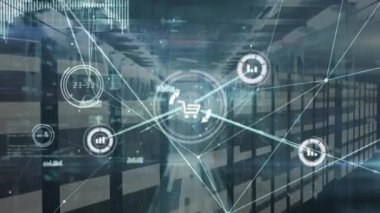 Animation of network of connections with icons over server room and data processing. 