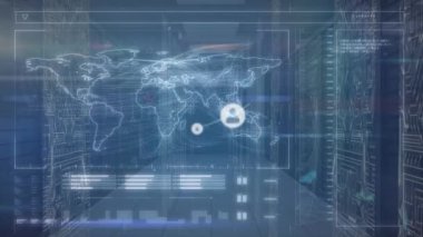 Animation of network of connections with icons over data processing and world map. Global connections, computing and digital interface concept digitally generated video.