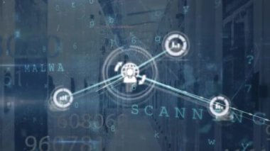 Animation of network of connections over padlock and server room. Global business and digital interface concept digitally generated video.