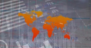 Animation of world map, statistics and financial data processing over grid. Global business, finances and data processing concept digitally generated video.