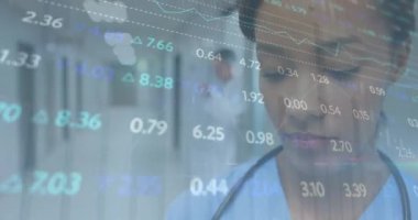 Animation of stock market data processing over african american female health worker at hospital. Global economy and medical healthcare technology concept