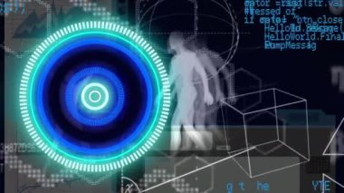 Animation of neon round scanner, data processing and geometric shapes against human body model. Computer interface and medical research technology concept