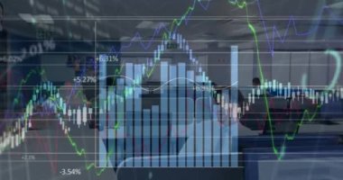 Animation of multiple graphs and increasing numbers over diverse coworkers discussing reports. Digital composite, multiple exposure, report, finance, teamwork, office, communication and growth.