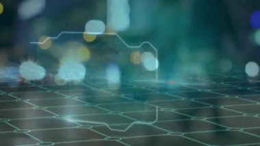 Animation of business texts over cityscape at night. Global business and digital interface concept digitally generated video.