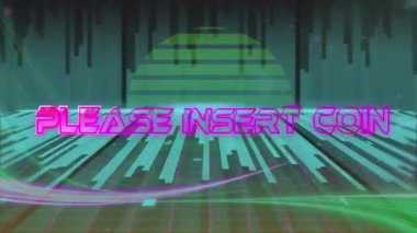 Animation of please insert coin text over triangles against bars and sun in background. Digitally generated, hologram, illuminated, illustration, arcade, gaming, abstract and technology concept.