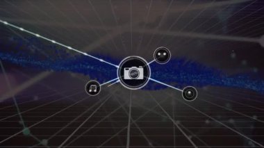 Animation of network of connections with icons and data processing over grid. Global connections, business, finance, computing and data processing concept digitally generated video.