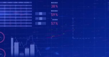 Animation of financial and statistical data processing against blue background. Global finance and business data technology concept