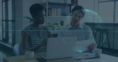 Animation of data processing with globe over diverse business people working at office. Global business, computing and digital interface concept, digitally generated video.