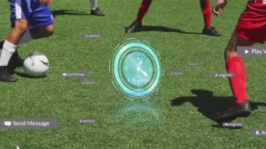 Animation of ticking clock and social media icons over mid section of male players playing soccer. Social media networking and sports technology concept