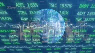 Tüm dünyada ve şehirde veri işleme animasyonu. Küresel iş ve dijital arayüz kavramı dijital olarak oluşturulmuş video.