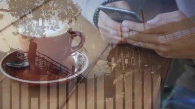 Animation of financial data processing and statistics over woman using smartphone. Global business, finance, data processing and connections concept digitally generated video.