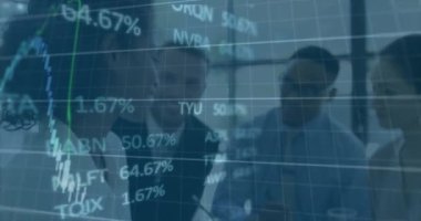 Animation of graphs and increasing numbers over diverse coworkers sharing ideas in meeting at office. Digital composite, multiple exposure, report, business, growth, discussion and teamwork concept.