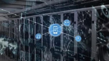 Animation of network of connections with icons and data processing over server room. Global connections, computing and digital interface concept digitally generated video.