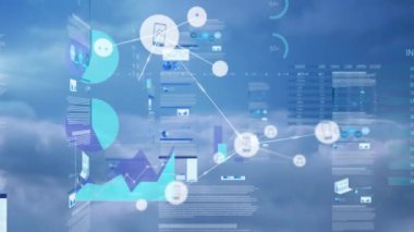Animation of network of connections with icons over financial data. Network, connections, data processing and technology concept digitally generated video.