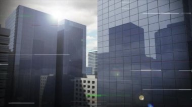 Animation of glitch and data processing over cityscape. Global finances, business, connections and data processing concept digitally generated video.