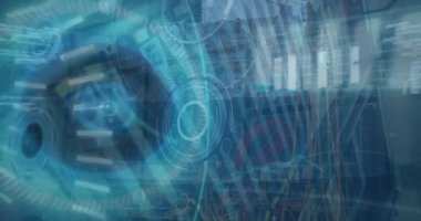 Animation of scope scanning and data processing over server. Global technology, computing and digital interface concept digitally generated video.