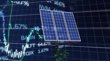 Animation of statistics and financial data processing over solar panels. Global solar energy, sustainability, computing, digital interface and data processing concept digitally generated video.