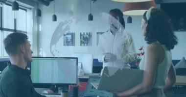 Animation of spinning globe icon over three colleagues discussing together at office. Global networking and business data technology concept