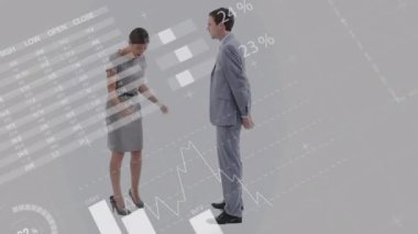 Animation of financial data processing over diverse business people. Global business, finances and digital interface concept, digitally generated video.