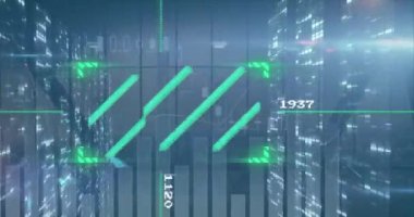 Animation of financial data processing and moving columns over cityscape. Global business, finances and digital interface concept digitally generated video.