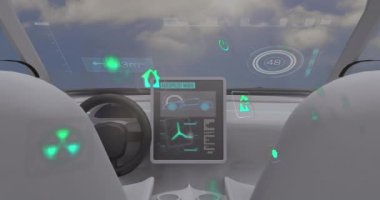 Animation of data processing and ecology icons over car. Global business and digital interface concept digitally generated video.