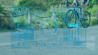 Animation of hud interface against caucasian male cyclist riding bicycle on road. Digital composite, multiple exposure, sports, competition, report, finance, progress and technology concept.