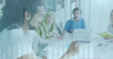 Animation of data processing over diverse business people at office. Global business and digital interface concept digitally generated video.