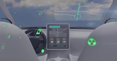 Animation of data processing and ecology icons over car. Global business and digital interface concept digitally generated video.