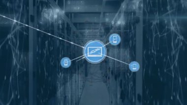 Animation of network of connections with icons over server room and data processing. Global business and digital interface concept digitally generated video.
