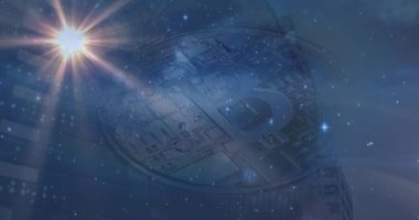 Animation of zodiac wheel with taurus sign and data processing over bitcoin symbol. Global computing, finance, business and data processing concept digitally generated video.
