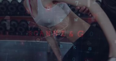 Composite of cyber attack warning text and data processing over woman exercising. Global sports, exercise, data processing and computing concept digitally generated video.