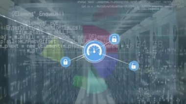 Animation of network of connections with icons over computer servers. Global connections, business, finance, computing and data processing concept digitally generated video.