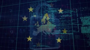 Animation of padlock, data processing and flag of eu. Global finance, business, european union and data processing concept digitally generated video.