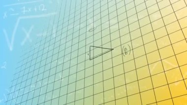 Animation of mathematical equations over grid network against blue and yellow gradient background. Education and business data technology concept