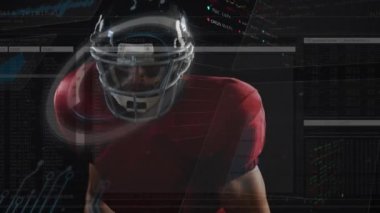 Animation of data processing with scope scanning over caucasian male american football player. Global sport, computing and digital interface concept digitally generated video.