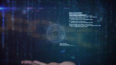 Animation of hand holding globe with network of connections and data processing. Global technology, computing and digital interface concept digitally generated video.