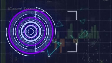 Animation of purple round scanner, data processing and plexus networks on blue background. Computer interface and business technology concept