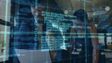 Animation of data processing over group of businesspeople discussing over document at office. Computer interface and business technology concept