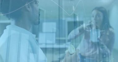 Animation of multiple graphs over diverse coworkers talking while eating food at office. Digital composite, multiple exposure, report, finance, business, teamwork, abstract and technology concept.