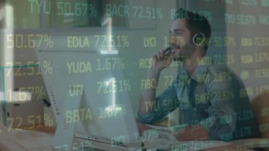 Animation of financial data processing and binary coding over businessman using phone headset. Global business, finance, computing, connections and data processing concept digitally generated video.