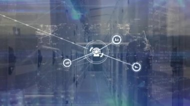 Animation of network of connections with icons and data processing over server room. Global connections, technology and digital interface concept digitally generated video.