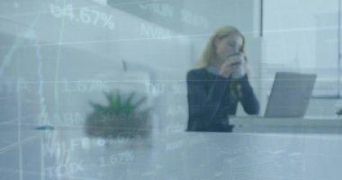 Animation of data processing over caucasian businesswoman working in office. Global business and digital interface concept digitally generated video.