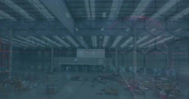 Animation of financial data processing over warehouse. Global business, finance, computing, digital interface and data processing concept digitally generated video.