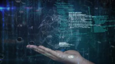 Animation of hand holding globe with network of connections and data processing on black background. Global technology, computing and digital interface concept digitally generated video.