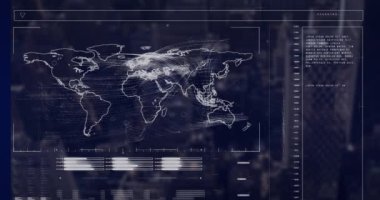 Animation of map and loading bars against abstract background. Digital composite, multiple exposure, global, progress, business, illuminated and technology concept.