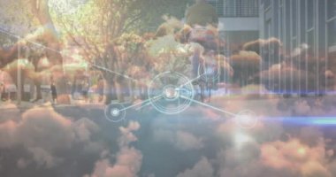 Animation of network of connections over man on bike in city. Global networks, computing and data processing concept digitally generated video.