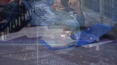Animation of financial data processing, binary coding, globe over man sleeping in office. Global finance, business and data processing concept digitally generated video.