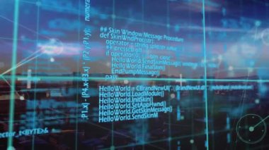 Animation of network of connections and data processing over cityscape. Global connections, computing and digital interface concept digitally generated video.